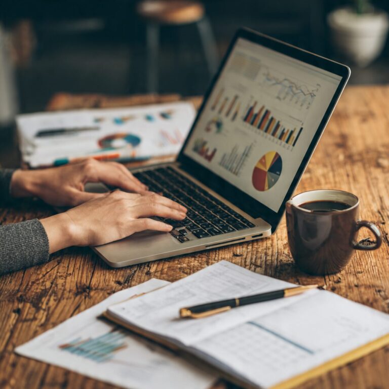 A person typing on a laptop with charts, notes, and coffee beside them.